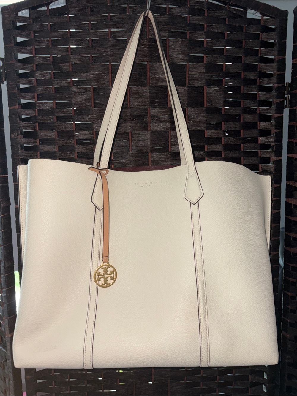 Tory Burch Cream Leather Tote with Tan Strap and Gold Logo Charm